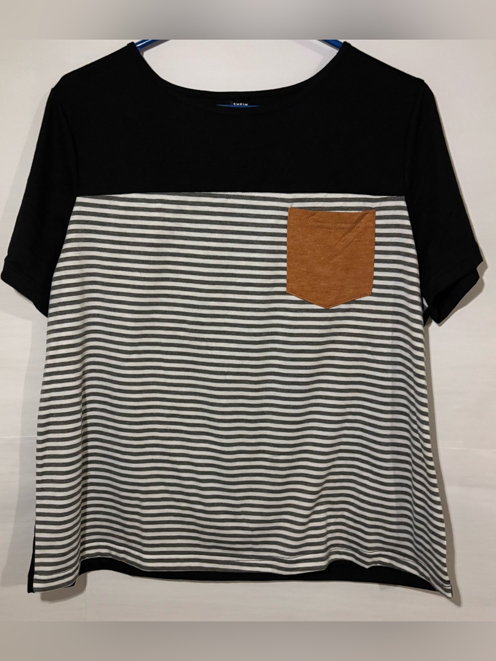 SHEIN XL Color Block Striped Pocket Top Black Gray Rust Short Sleeve